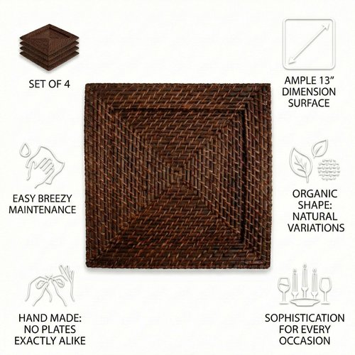 ChargeIt by Jay Square Chargers Set of 4 Decorative Service Plates for Home, Professional Fine Dining Perfect for Events & Dinner Parties -, Brown