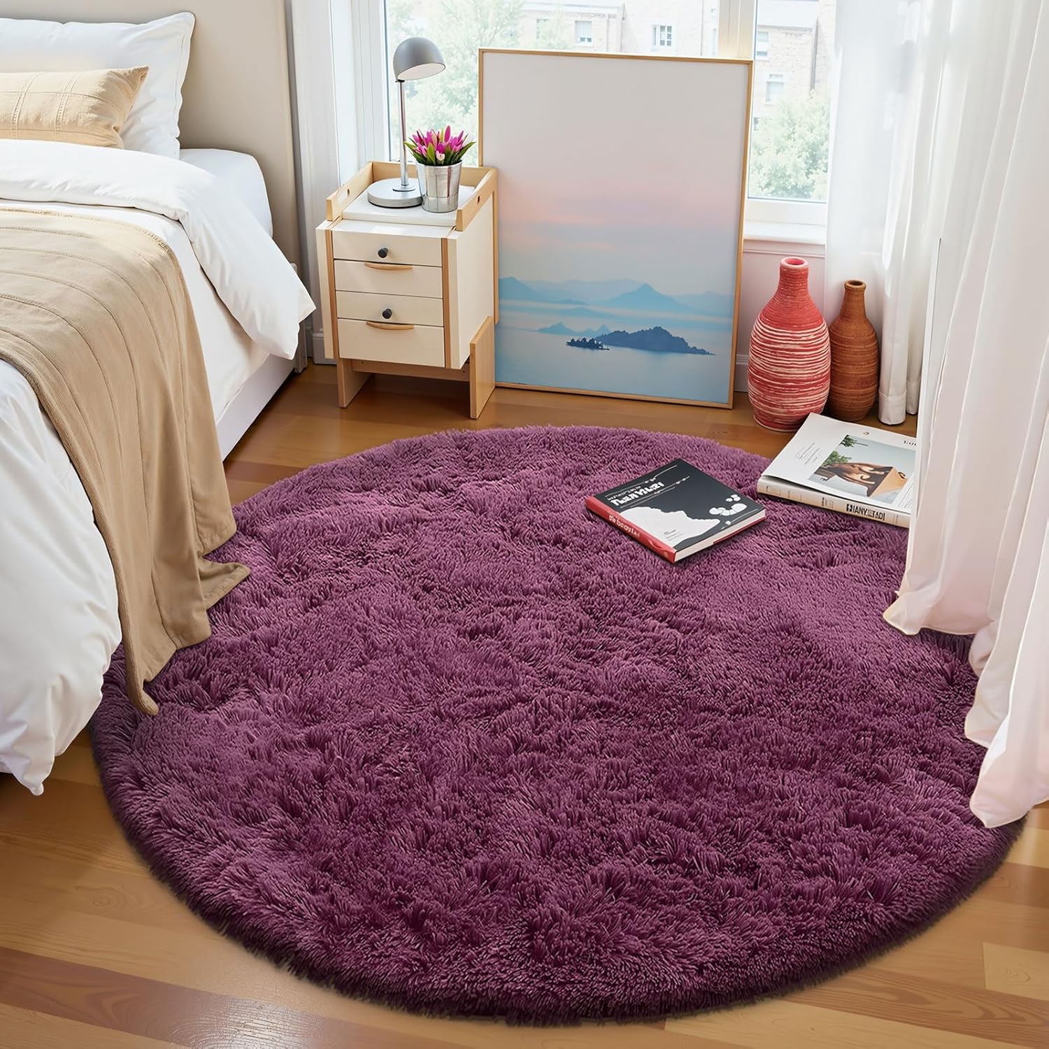 OLANLY Round Burgundy Area Rug - Soft, Machine Washable 5 ft Shaggy Carpet for Bedrooms & Living Rooms