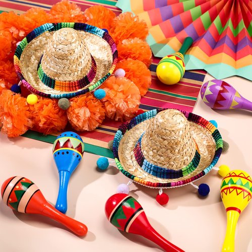 Honoson 12 Pcs Wooden Fiesta Maracas 6 Cinco De Mayo Mini Sombrero Top Hat for Sombrero Mexican Party Decor(36 Pcs,Cute Style)