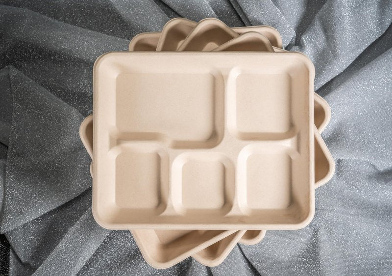 Eland Compostable Plates with Compartments, 5 Compartment Plates Disposable Heavy Duty, Food trays disposable. School Lunch Tray, Plate Dividers, No PFAS, Natural Color-10" x 8"[400-pack]