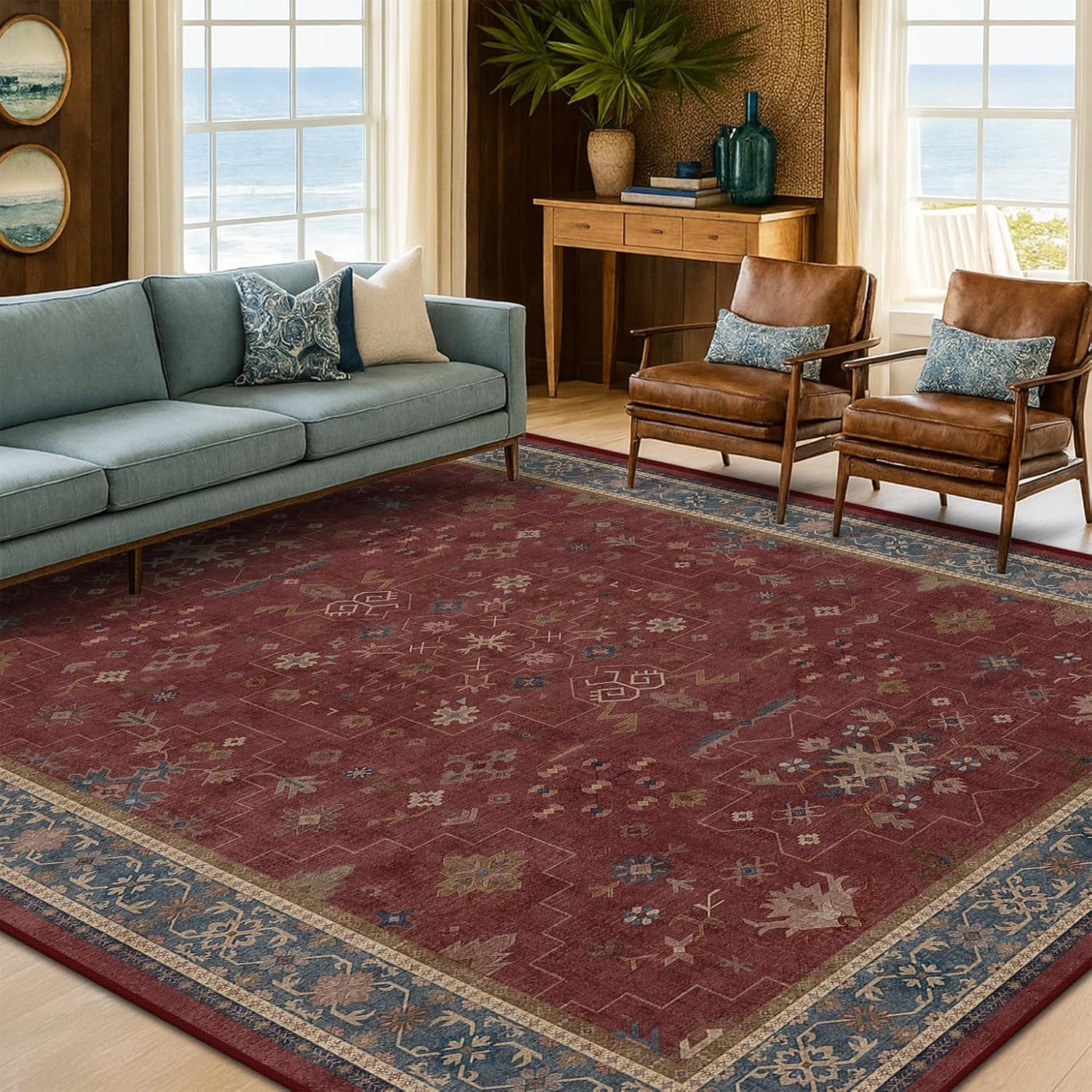 Regine Switzerland Vintage Burgundy 7x9 Dining Room Rug - Lightweight, Washable Boho Carpet for Aesthetic Living Spaces