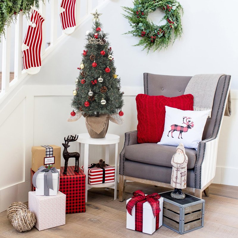 GarveeHome Pre-Lit 3 ft Artificial Mini Xmas Tree, Nordic Spruce Christmas Tree with Led Lights & Burlap Bag Base, Suitable for Tabletop, Office & Home Decoration