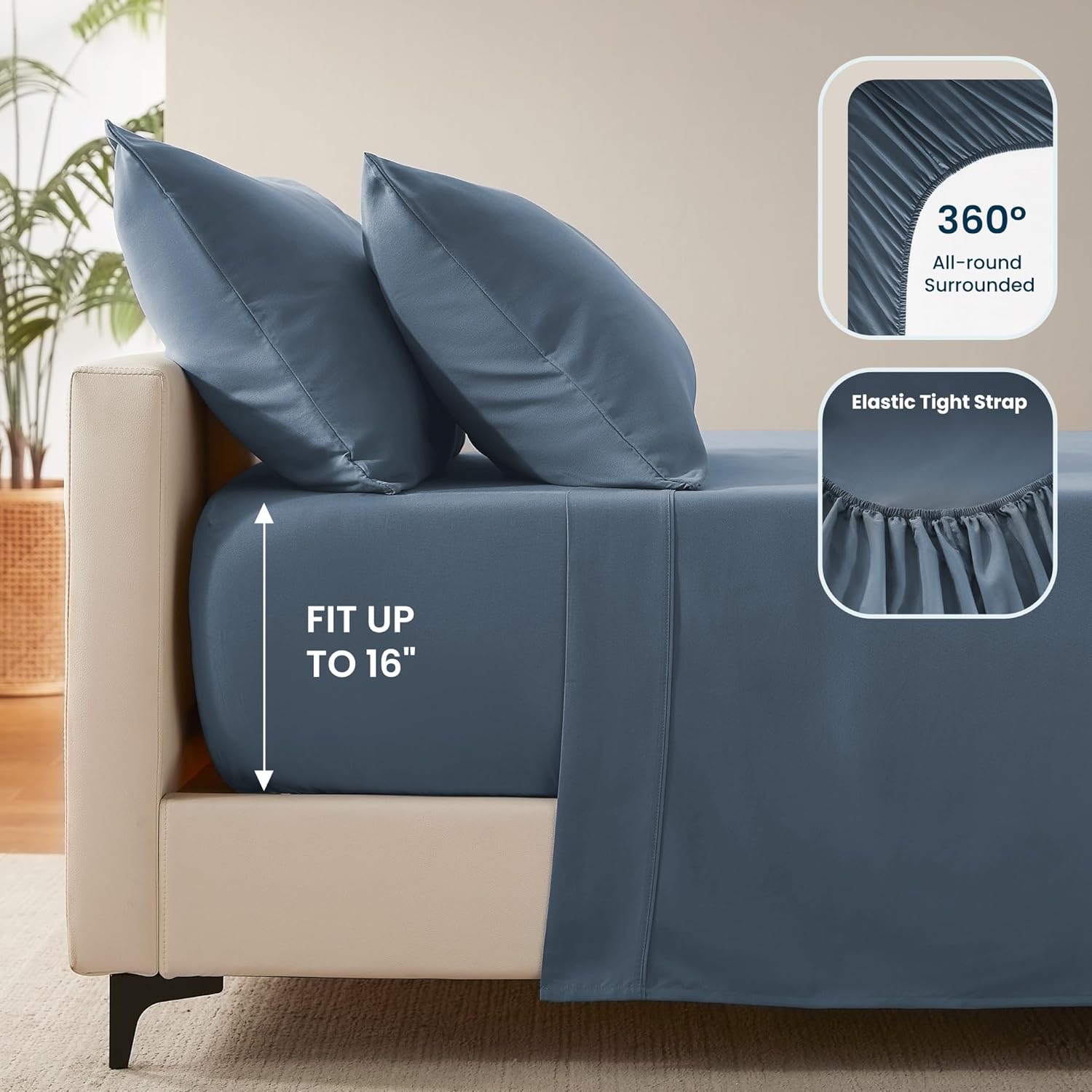 Sleep Zone Queen Sheet Set - Soft, Breathable & Cooling 4-Piece Bed Sheets | Deep Pocket 16" (Flint Blue)