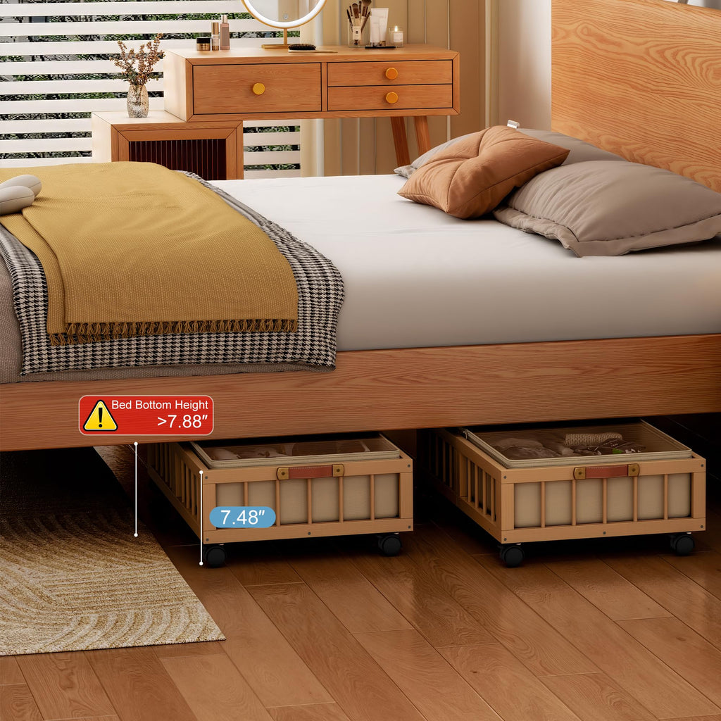 efluky 2-Pack Bamboo Under Bed Storage with Wheels, Rolling UnderBed Storage Basket with Large Dust Bag, Under Bed Storage Containers for Bedroom, Dorm and Basement, Nature