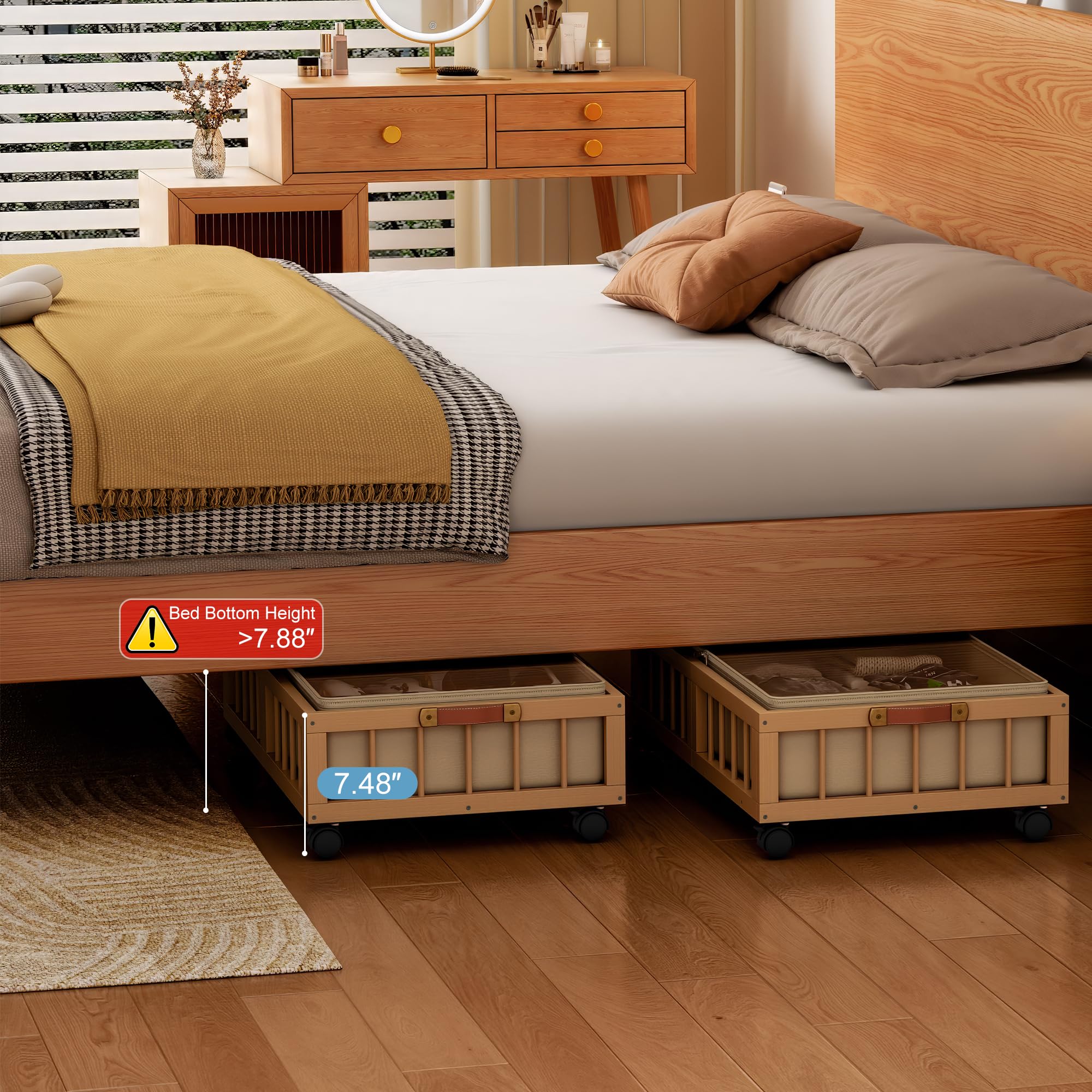 efluky 2-Pack Bamboo Under Bed Storage with Wheels, Rolling UnderBed Storage Basket with Large Dust Bag, Under Bed Storage Containers for Bedroom, Dorm and Basement, Nature