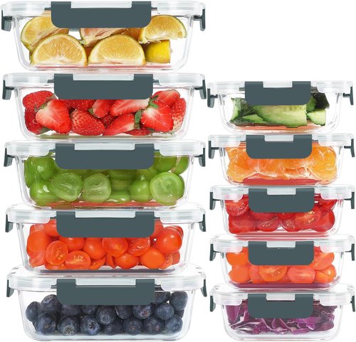 KOMUEE Glass Food Storage Containers - 10 Pack Airtight Meal Prep Lunch Boxes | Freezer & Microwave Safe