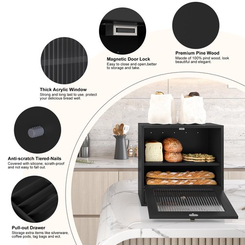 Alpeir Wooden Bread Box for Kitchen Countertop, Large Capacity with Ventilation Holes Adjustable Tiered-Shelf, Vintage Farmhouse Breadbox with Drawer & Window, Longer Freshness, Black