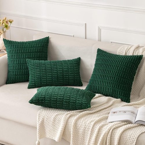 MIULEE Dark Green Corduroy Pillow Covers - Soft Boho Striped Design | 20x20 Inch for Modern Home Decor