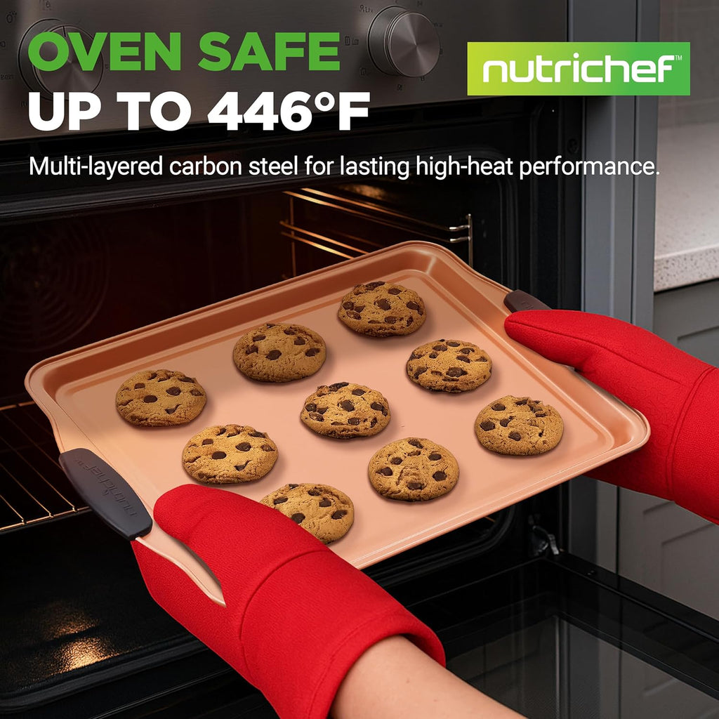 NutriChef Nonstick Cookie Sheets Set - 3 Piece PFOA-Free Carbon Steel Bakeware with Silicone Handles