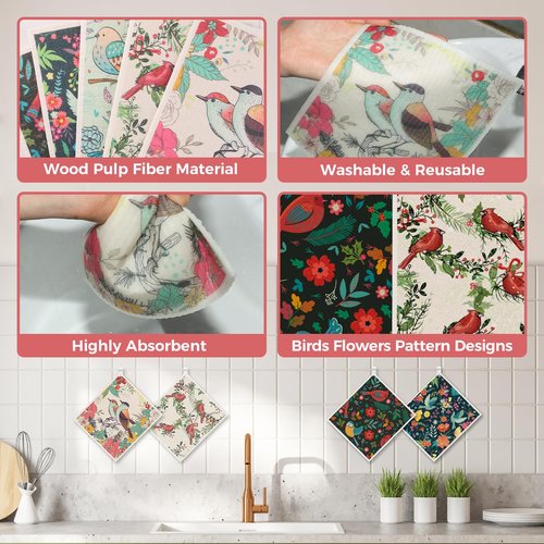 wlich 10PCS Swedish Dishcloths for Kitchen, Reusable Dish Rags for Washing Dishes with Clips, Non-Scratch Kitchen Towels and Dishcloths Sets, Washable Swedish Dish Cloths, No Odor(Birds Flowers)