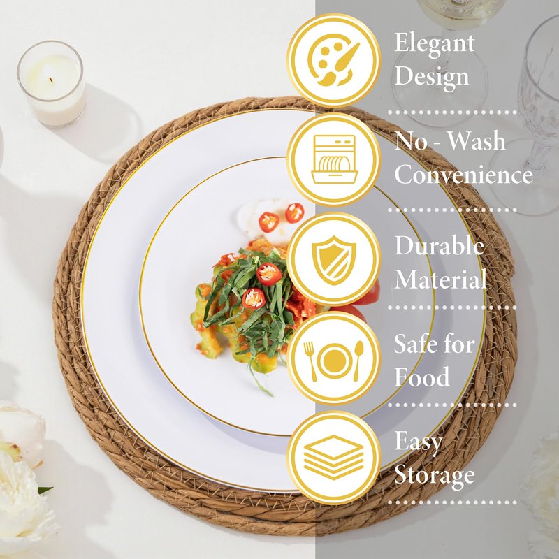Nervure 100 Pieces Gold Plastic Plates - 10.25 inch Gold Dinner Plates - Heavyweight White and Gold Disposable Plates Ideal for Wedding & Party & Mother's Day