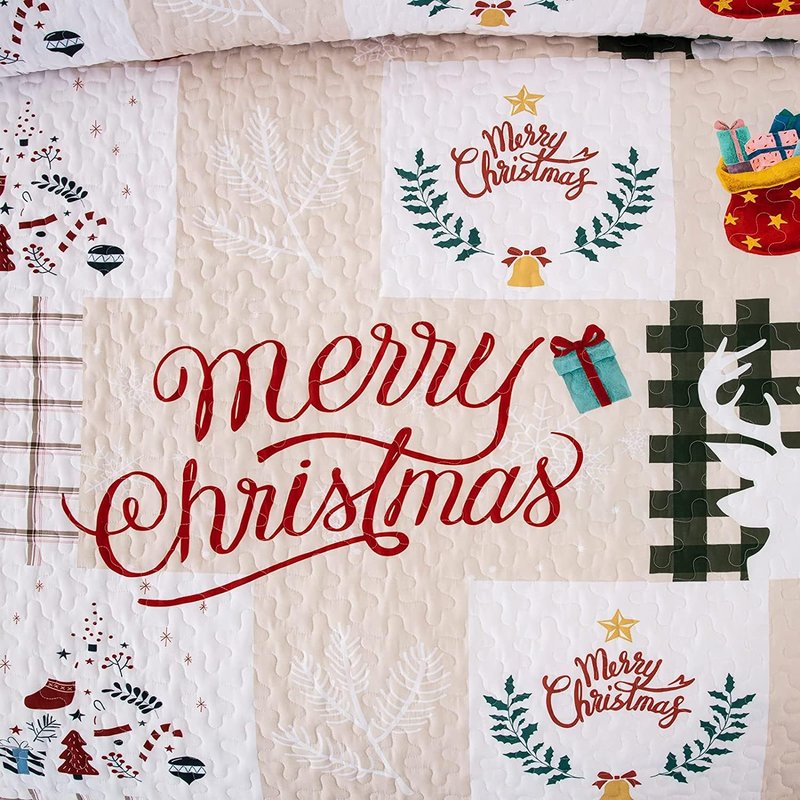 Dobuyly Christmas Quilt Set King, Christmas Tree Snowman Reindeer Pattern Bedding Bedspread Coverlet, Soft Microfiber Lightweight Holiday Christmas Quilt with 2 Pillowcases 90"x 103"