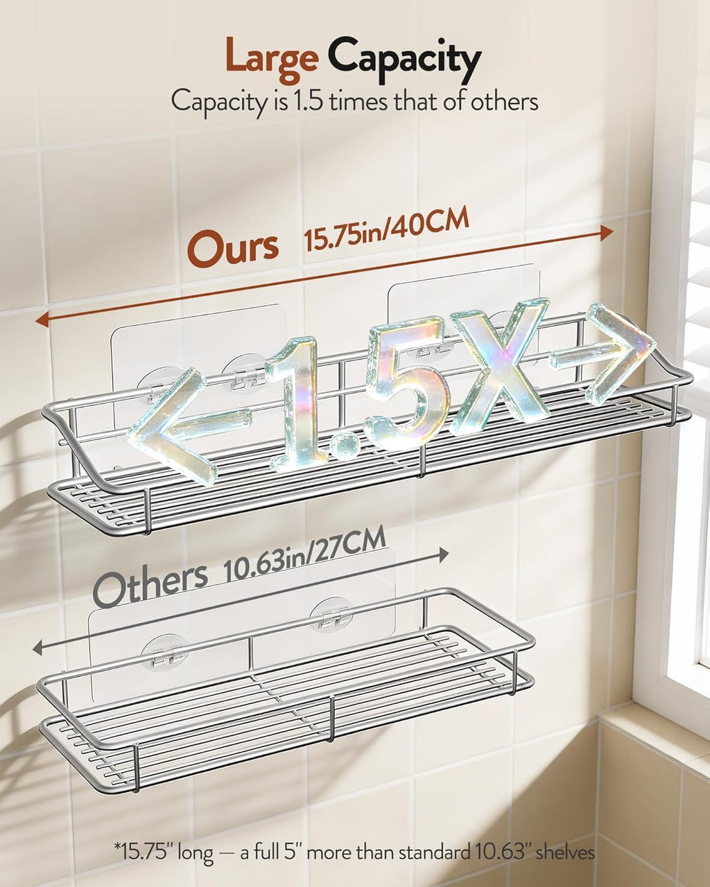 Orimade Bathroom Shelf Organizer - Traceless Adhesive Shower Caddy | No Drilling, SUS304 Stainless Steel, 15.75 Inch, Silver