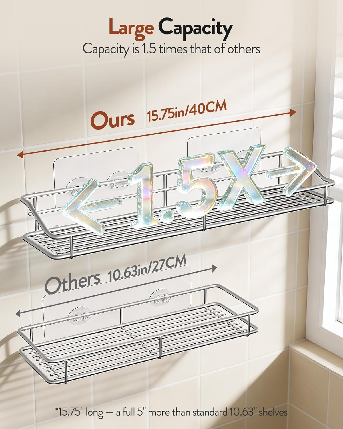 Orimade Bathroom Shelf Organizer - Traceless Adhesive Shower Caddy | No Drilling, SUS304 Stainless Steel, 15.75 Inch, Silver