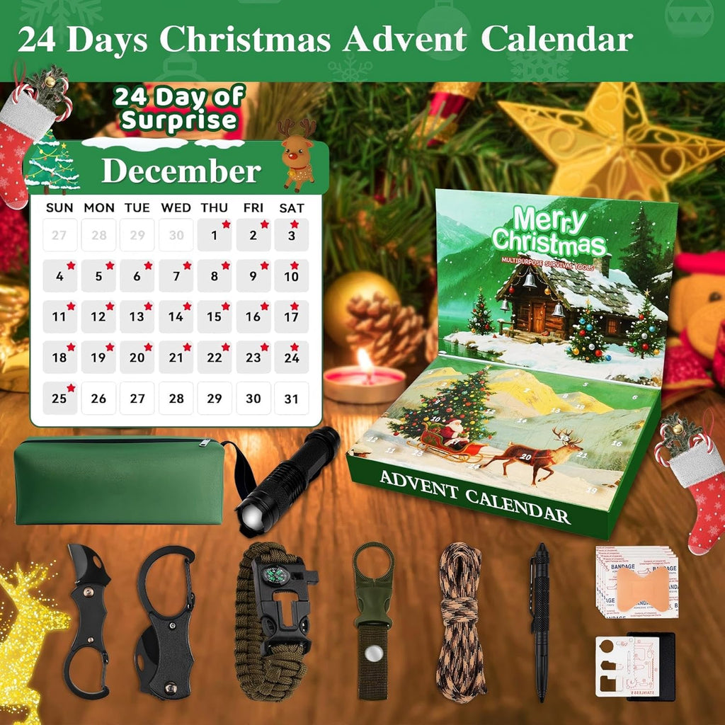 SUNNINO Survival Kit Advent Calendar 2025 - 24 Days of Outdoor Gear for Camping, Fishing & Hunting