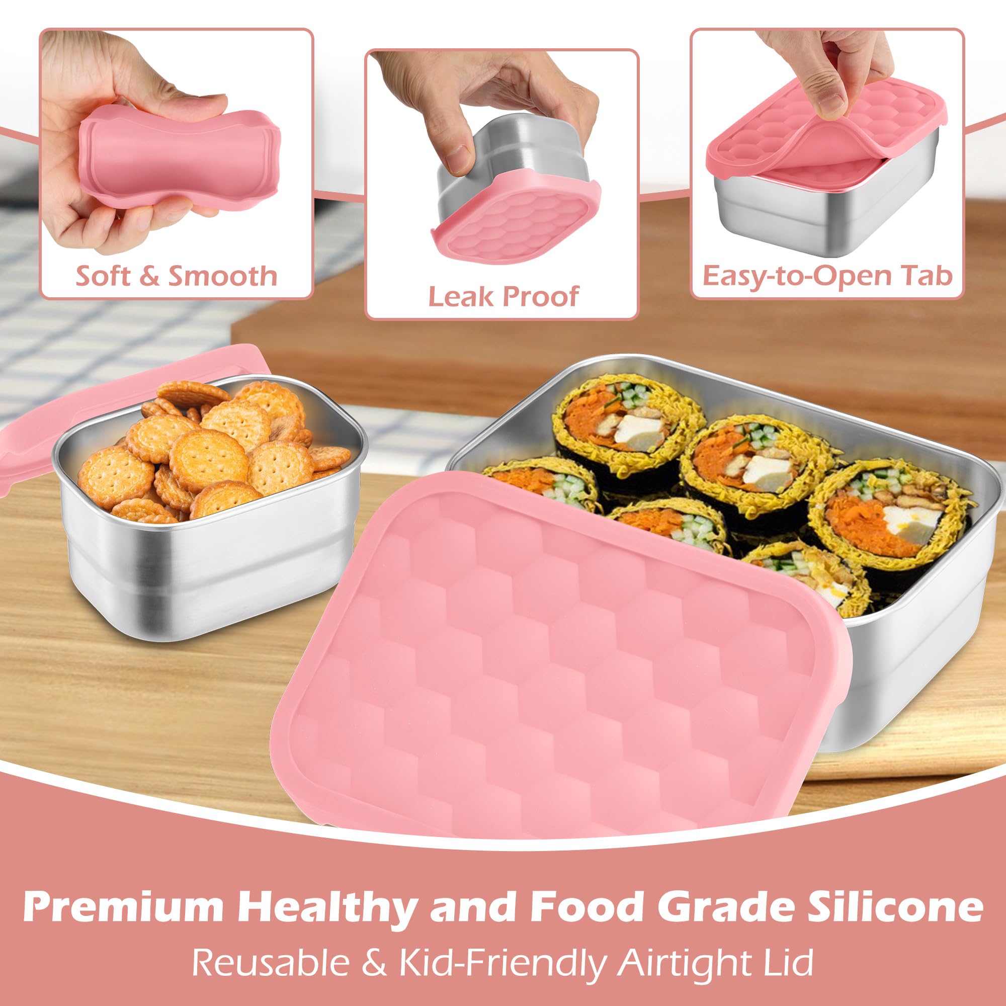 E-far Stainless Steel Lunch Containers for Kids, 3-Piece (8OZx2 & 25OZ) Bento Box Snack Food Container with Leak-proof Silicone Lid, Metal Storage for Toddlers Child School Picnic, Pink