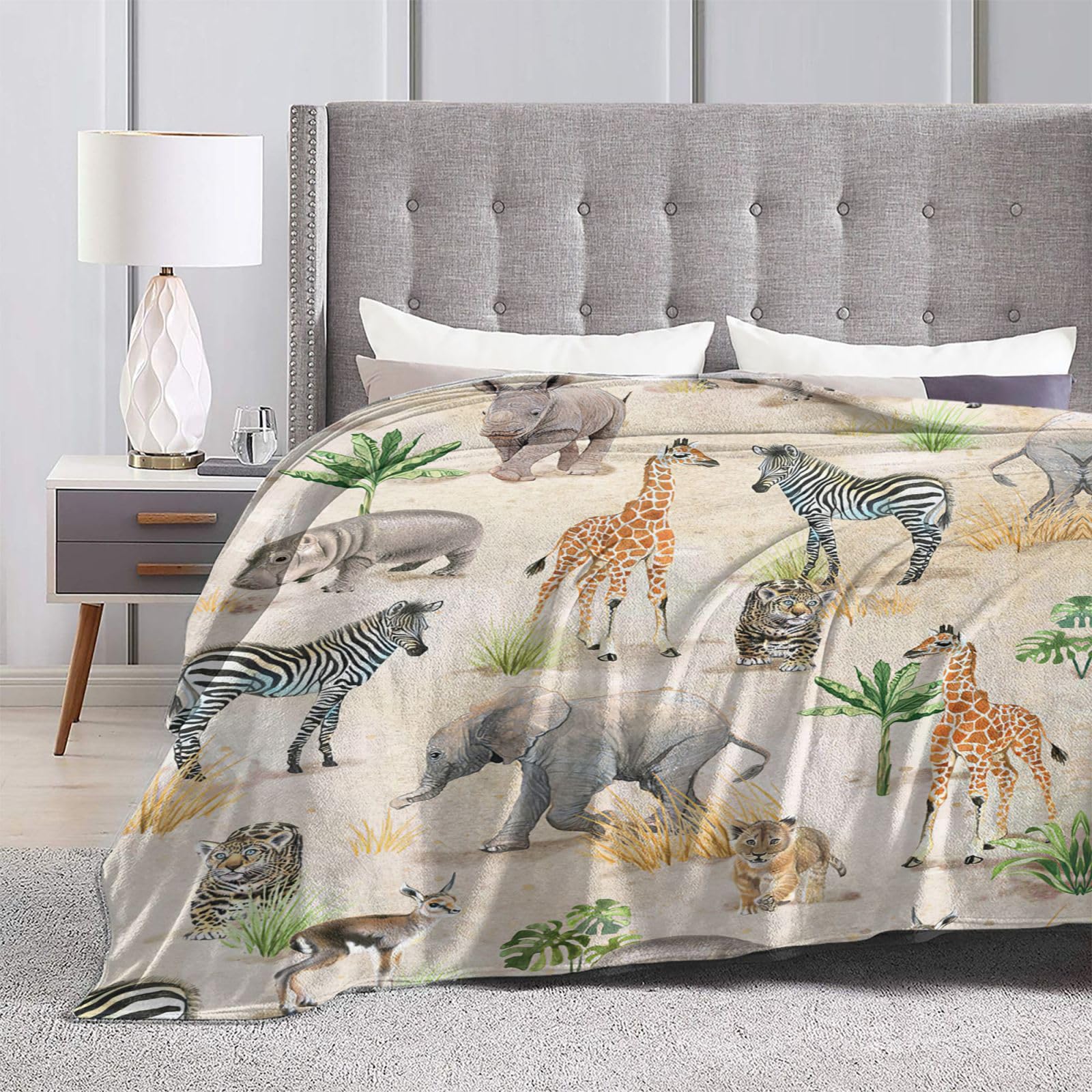 Zoo Animals Blanket African Safari Animals Elephant Tiger Giraffe Zebra Rhinoceros Decor Throw Blanket Gifts for Girls Boys Women Super Warm Soft Plush Fleece Flannel Blanket for Kids Adults 50"X40"