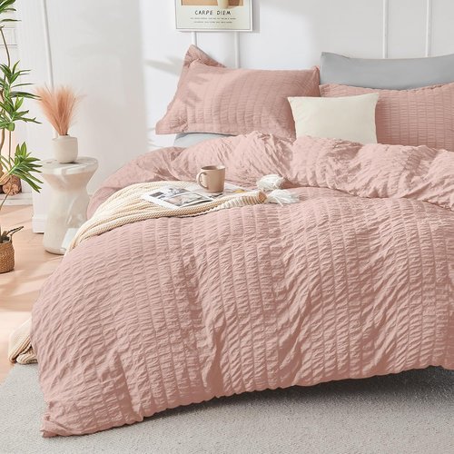 HYMOKEGE Queen Comforter Set - Luxurious 7-Piece Seersucker Bedding in Rose Gold & Light Grey
