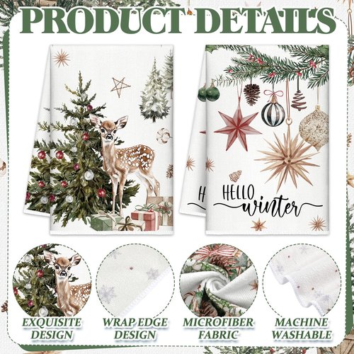 FuWeave Christmas Kitchen Towels Beige Xmas Tree Dishtowels Decorative Hello Winter Hand Towels Absorbent Gloves Ball Merry Christmas Tea Drying Cloth Xmas Decor for Kitchen Bathroom Farmhouse Gift