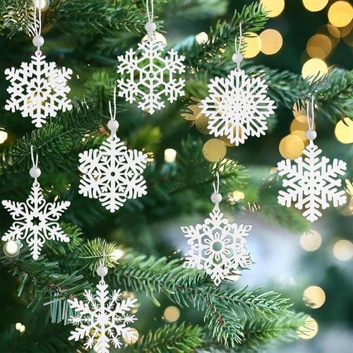 MEMOVAN 16PCS Wooden Snowflake Ornaments - 3-Inch White Hanging Decorations for Christmas Tree & Holiday Crafts