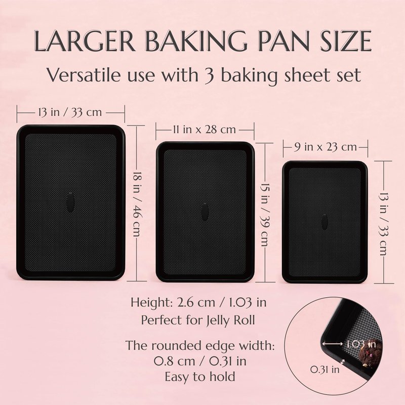 Large Baking Sheet Set of 3, UUKRAVE Cookie Sheets For Baking Non Toxic with Diamond Non Stick Base, PFAS/PTFE/PFOA-Free, Half/Quarter/Jelly Roll Pans, 0.8mm Thick Heavy Duty Cookie Tray, Black