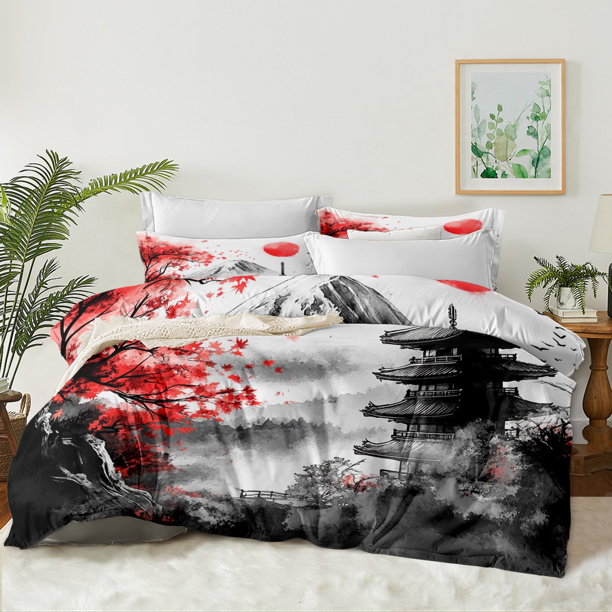 Ccoutuechen Classical Architecture Art Painting Comforter Set Queen, 3pcs Japanese Style Botanical Soft Bedding Set for Women Girl, Lightweight Down Alternative Comforter with 2 Pillowcases(90" X 90")