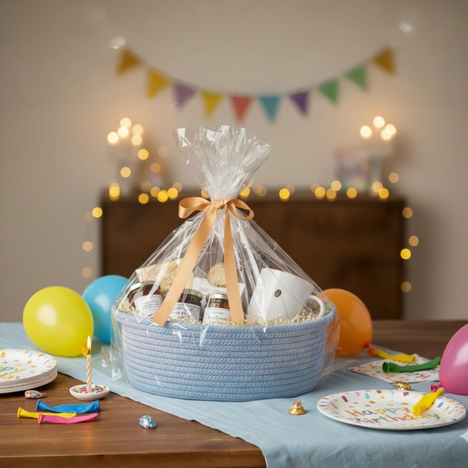 Small Woven Easter Basket by [Brand Name] - Decorative Rope Storage Organizer | Gift Bag & Ribbon Included, 12"x8"x5", Blue