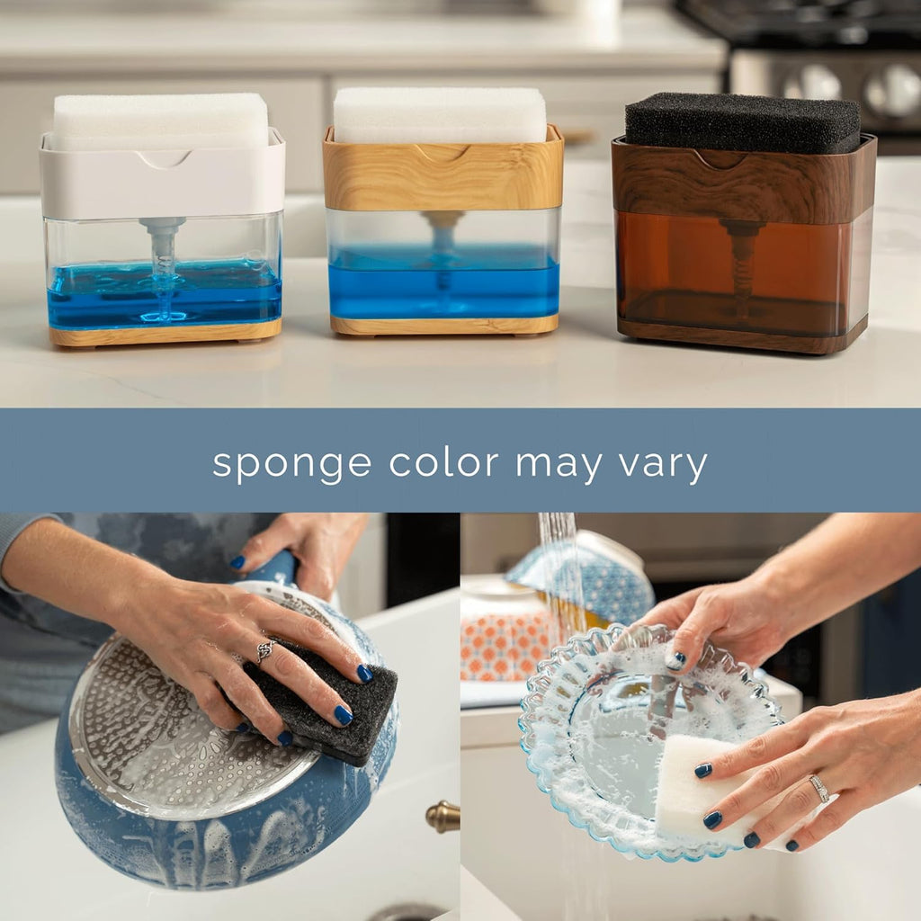 S&T INC. Dish Soap Dispenser - Waterproof Labels & Sponge Holder, 13 Oz Plastic & Bamboo