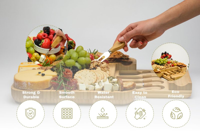 Demin Design Bamboo Cheese Board Charcuterie Board Gift Set - House Warming & Wedding Gifts, Bridal Shower &, Mother's Day & Valentine's Day Idea