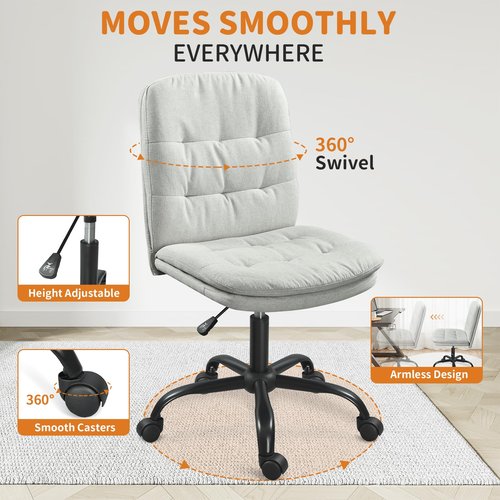 Home Office Desk Chair Comfy - Armless Criss Cross Chair with Wheels Vanity Chair Office Chairs Rolling Swivel Height Adjustable for Adults - Light Grey