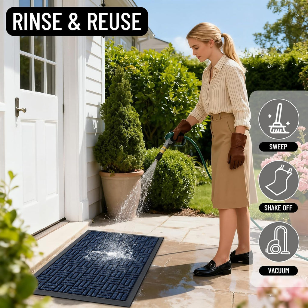 OLANLY Heavy Duty Front Door Mat - Absorbent Non-Slip Natural Rubber | 29.5x17 Inches, Navy Blue