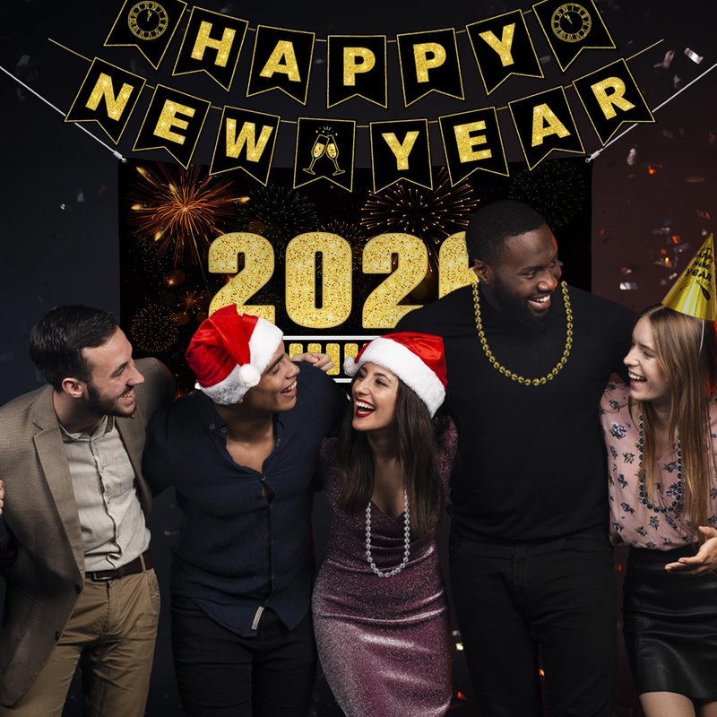 New Years Eve Party Supplies 2026 - Happy New Year Party Supplies Kit for 50 Guests, Including Hats, Glasses, Les, Beads, Squakers, a Backdrop and a Banner, Great New Yeras Decorations