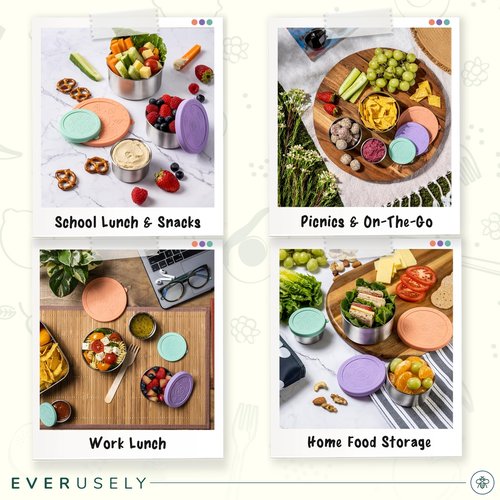 Everusely - Stainless Steel Food Containers - 3 Pack, Bright - Metal Lunch Box - Nesting Snack Containers for Office, Home Food Storage - Leakproof Silicone Lids - Dishwasher and Freezer Safe