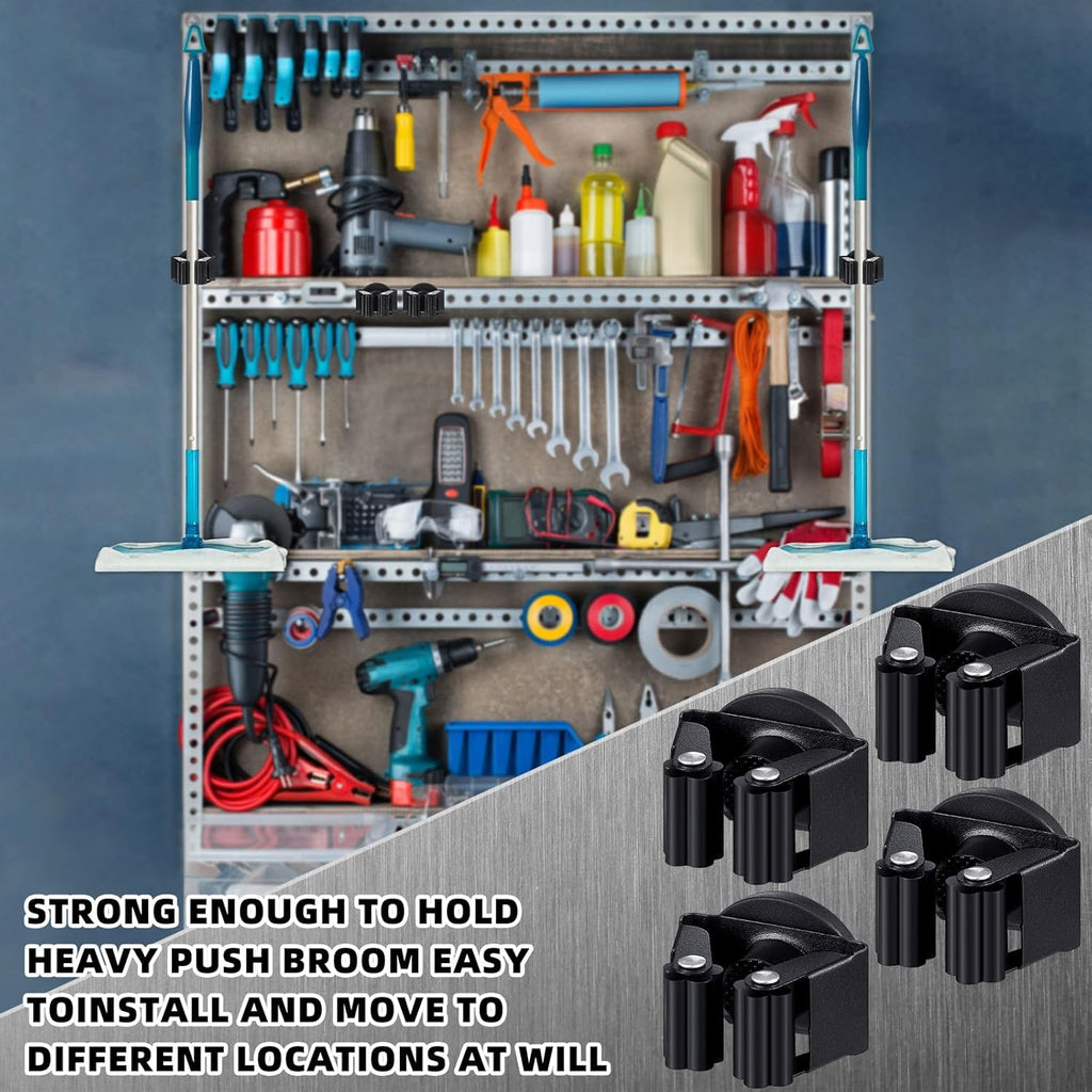 Vercraft Magnetic Mop Broom Holder - Movable Anti-Slip Wall Mount for Cleaning Tools | Black, 2 Pcs