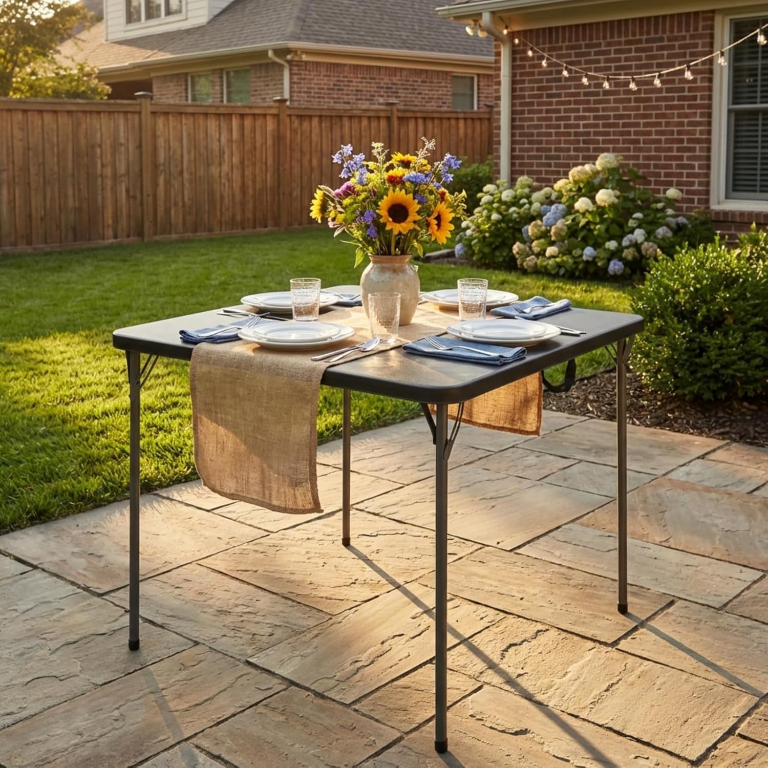 Regine Folding Table - 34" Square Portable Table for 4, 330lbs Capacity, Heavy-Duty Steel Legs, Black