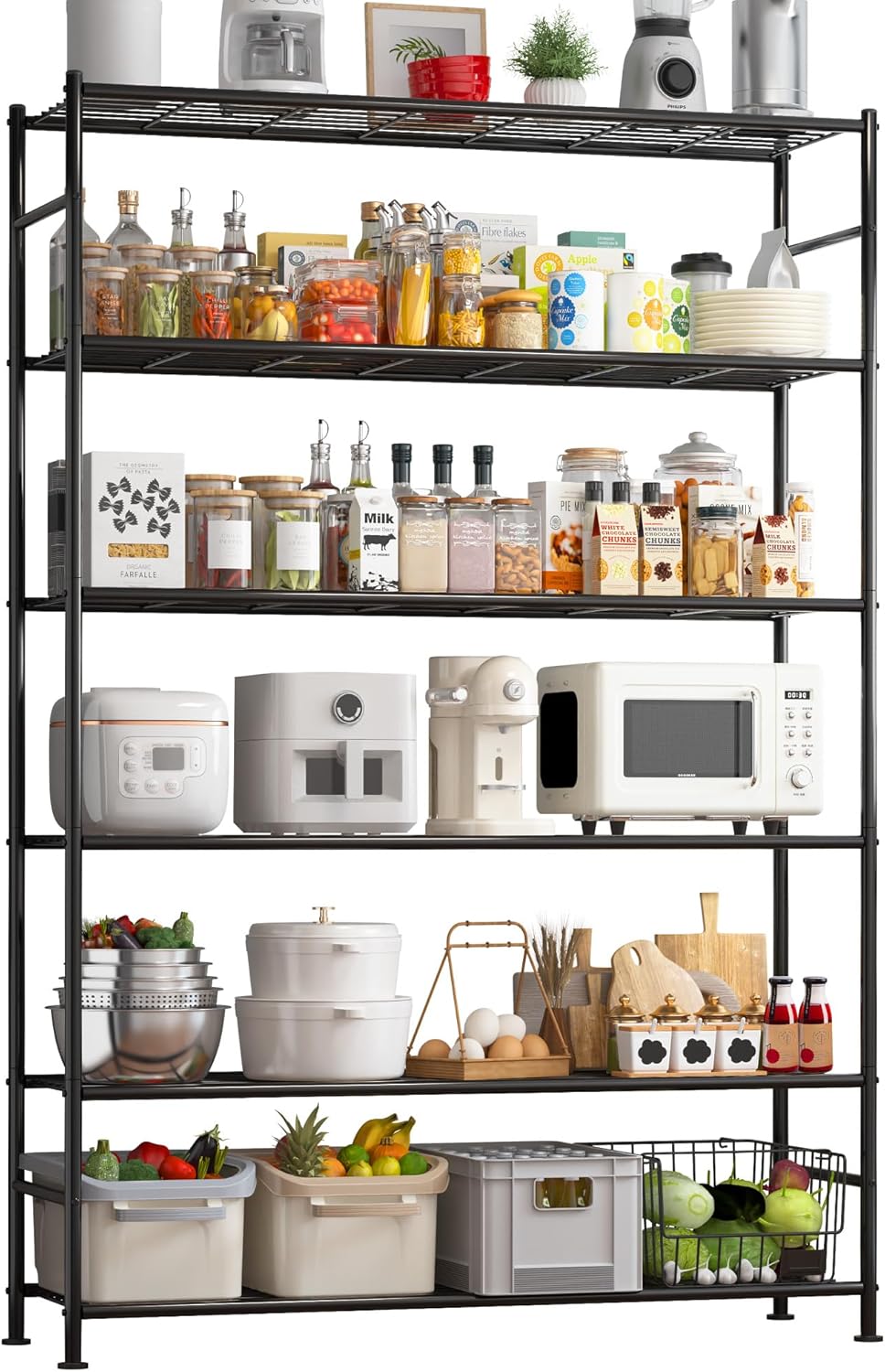 Sakugi Storage Shelves - Heavy Duty 6-Tier Organizer for Garage, Kitchen & Pantry | 46.3" W x 12.6" D x 76.1" H, Black