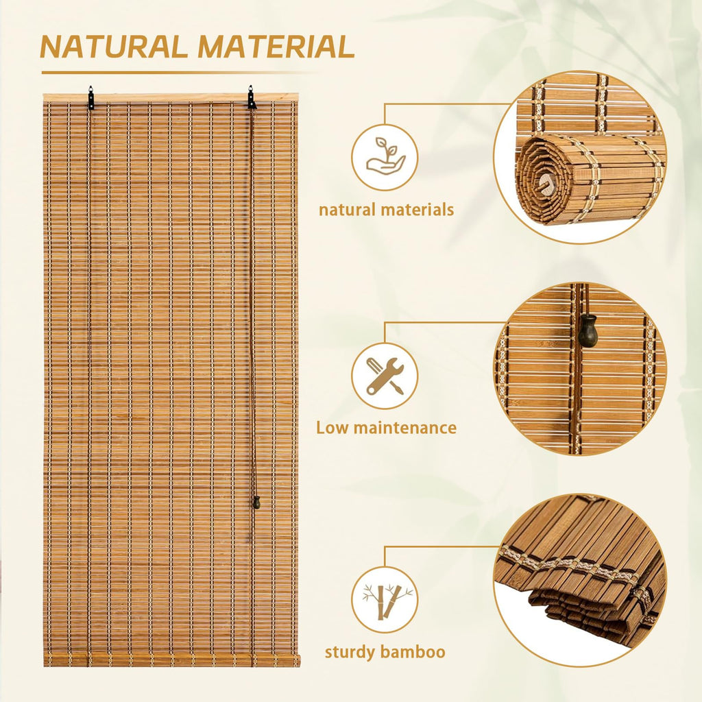 Bamboo Roller Shade, 60" W x 72" L Outdoor Blinds for Porch Privacy & Sun Protection Natural Roman Style