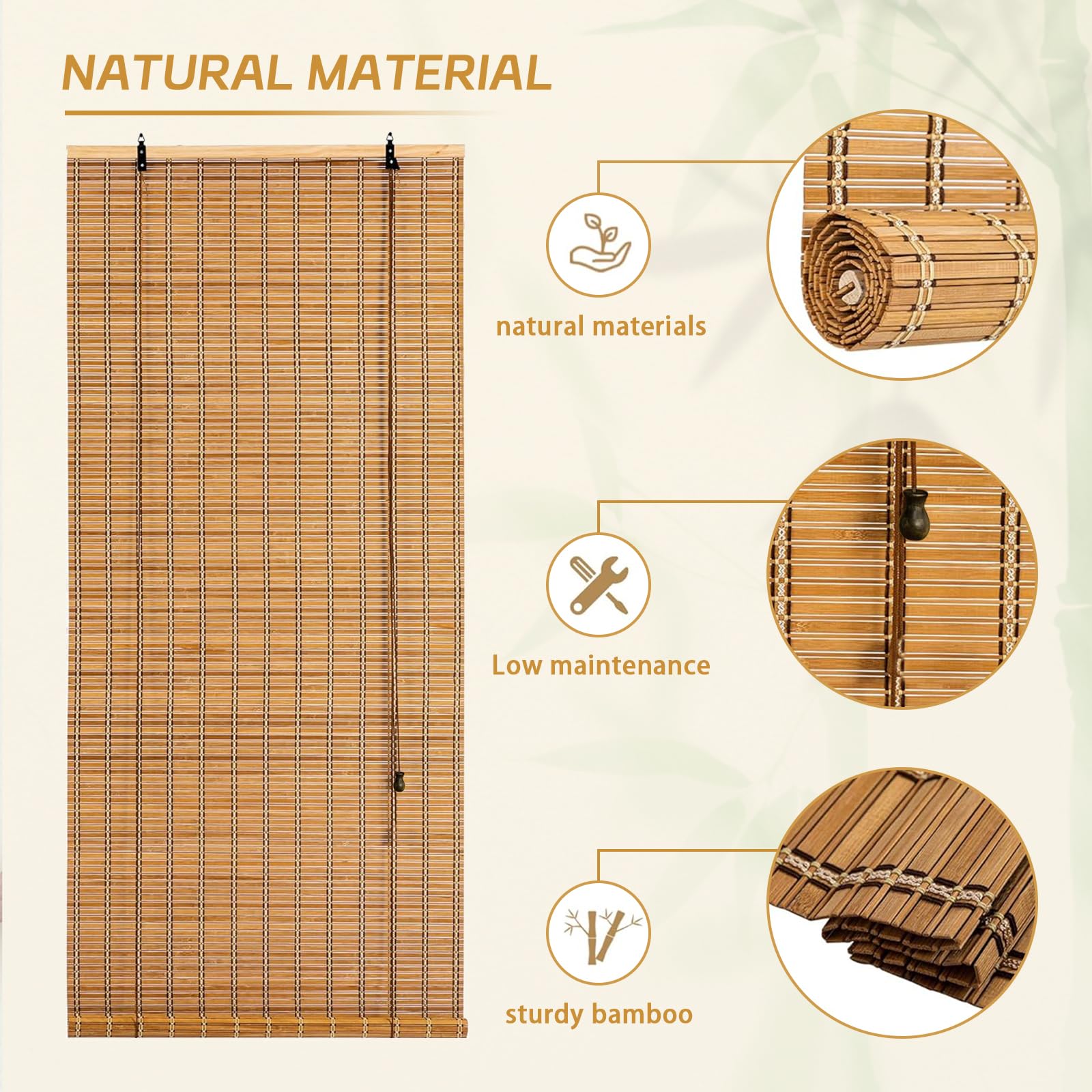 Bamboo Roller Shade, 60" W x 72" L Outdoor Blinds for Porch Privacy & Sun Protection Natural Roman Style