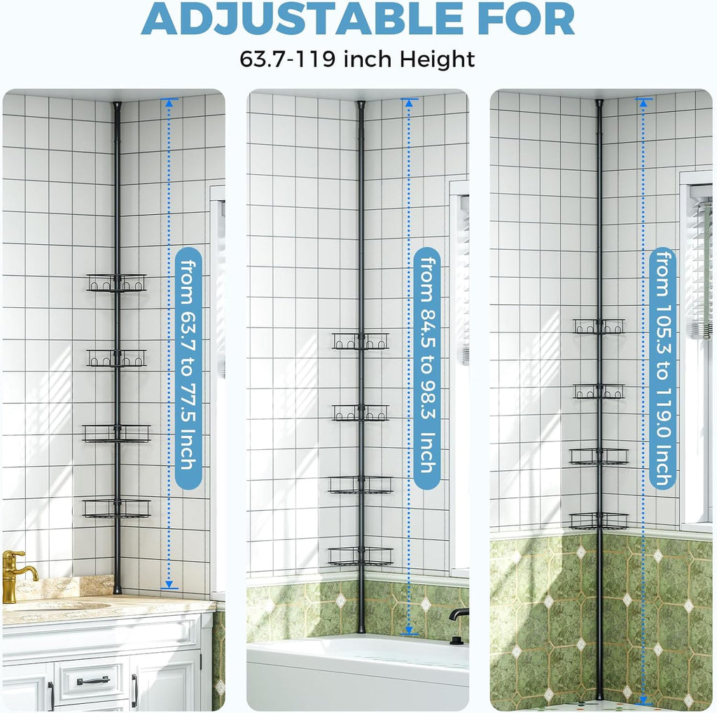 Skiennix Corner Shower Caddy - 4 Tier Adjustable Bathroom Organizer with Hidden Hook & Towel Holder | 63.7-119 Inch, Black