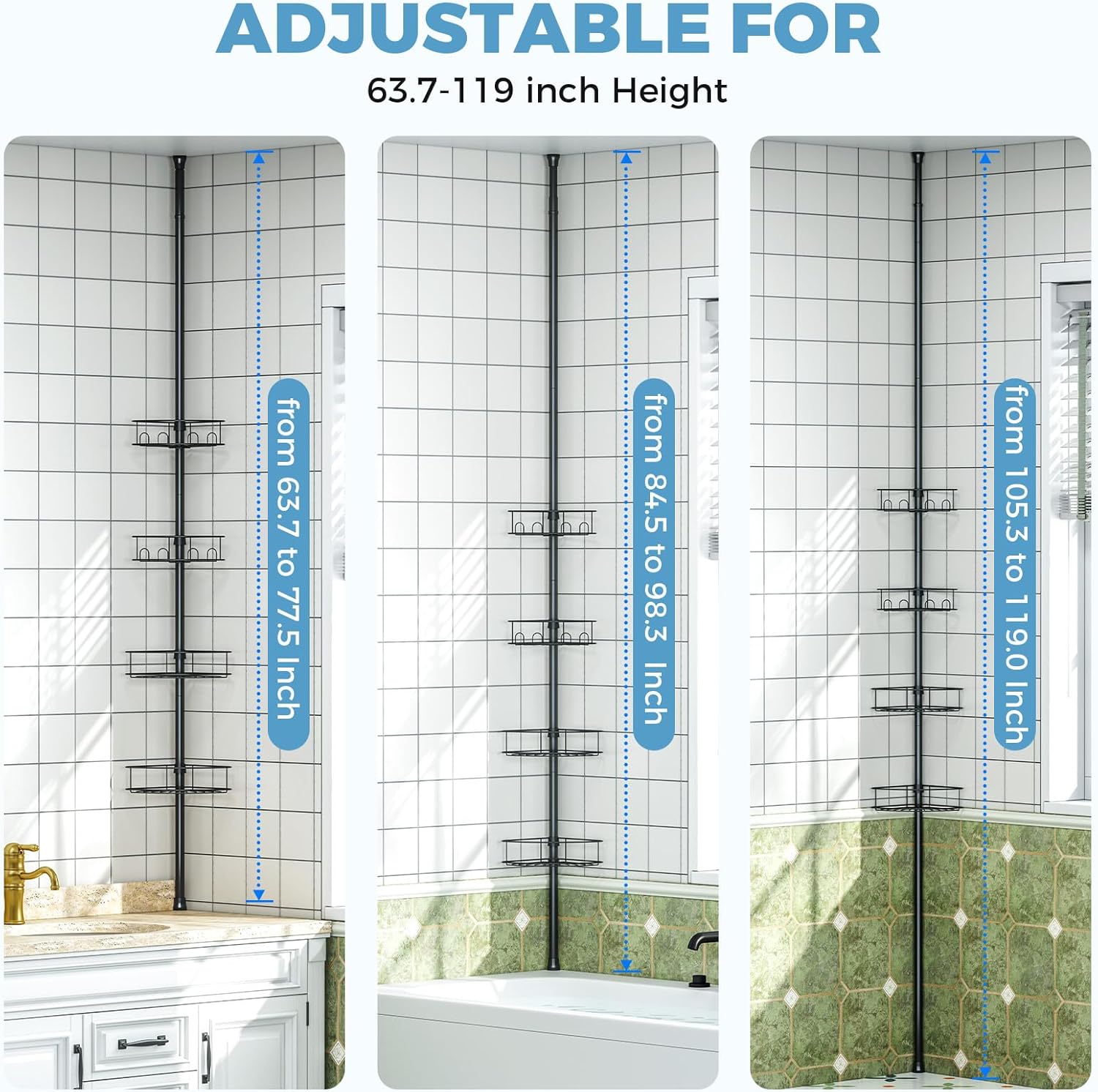 Skiennix Corner Shower Caddy - 4 Tier Adjustable Bathroom Organizer with Hidden Hook & Towel Holder | 63.7-119 Inch, Black
