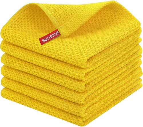 Homaxy 100% Cotton Waffle Weave Dish Cloths - Ultra Soft & Absorbent Quick-Drying Towels | 12x12 Inches, 6-Pack, Yellow