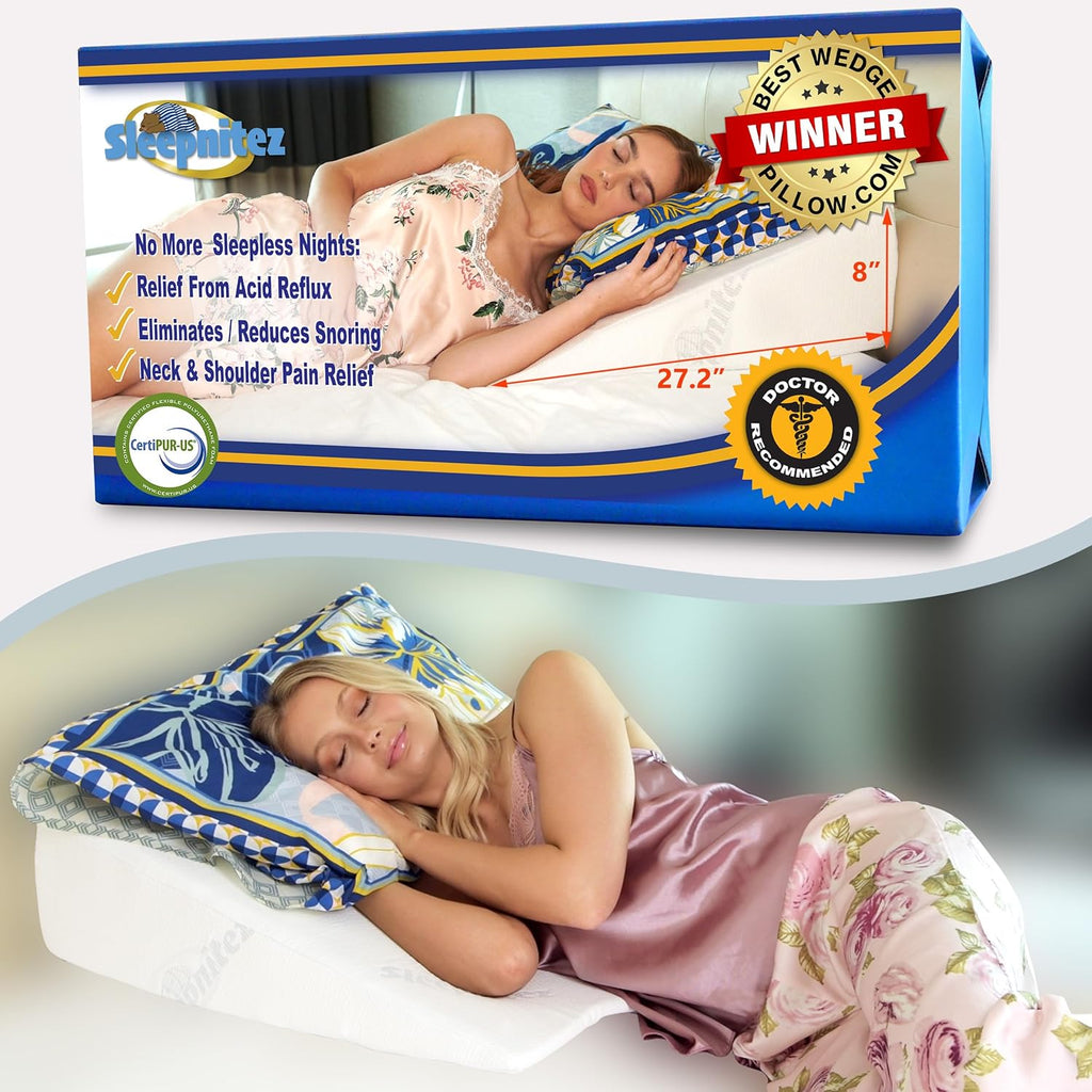 Sleepnitez Bed Wedge Pillow - Memory Foam Support for Acid Reflux, Snoring & Sleep Apnea | 8" Size with 3.25" Top Layer