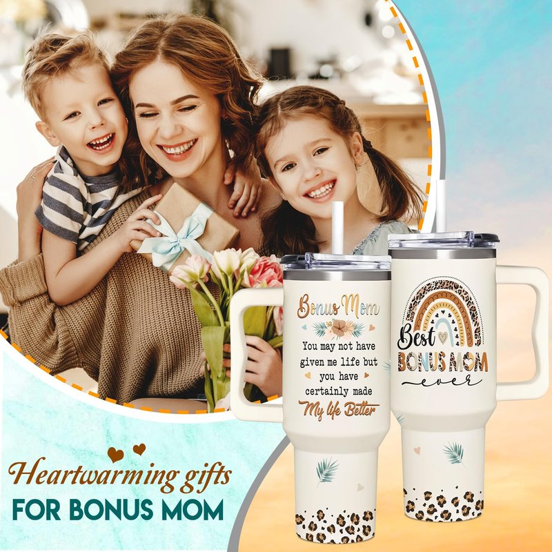 AT2Z GLOBAL Bonus Mom Gifts - Stepmom Gift - Gifts For Step Mother - Bonus Mom Mothers Day, Christmas, Birthday Gift Ideas - Bonus Mother Cup Tumbler 40 Oz with Handle