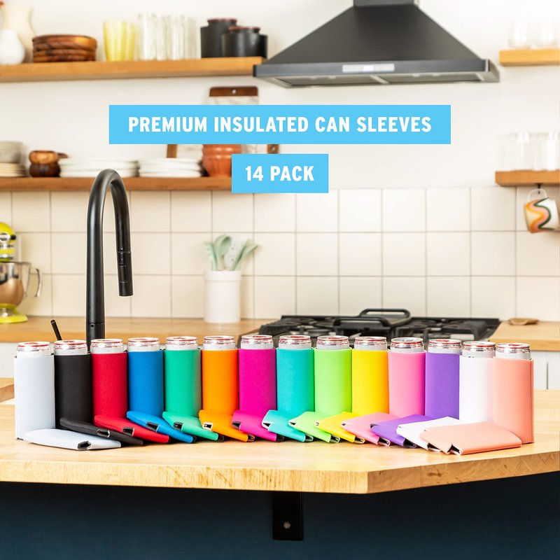 Slim Can Cooler Sleeves (14-Pack) Soft Insulated Koolie for White Claw Seltzer & Slim Beer - HTV Blanks for Vinyl Projects - Skinny, Bulk - Tall Coolies