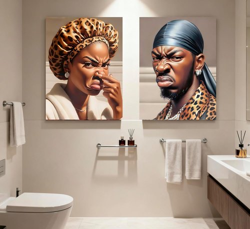 Funny Stank Face Bathroom Wall Art - 2Pcs African American Canvas Decor | Humorous WC Smell Paintings