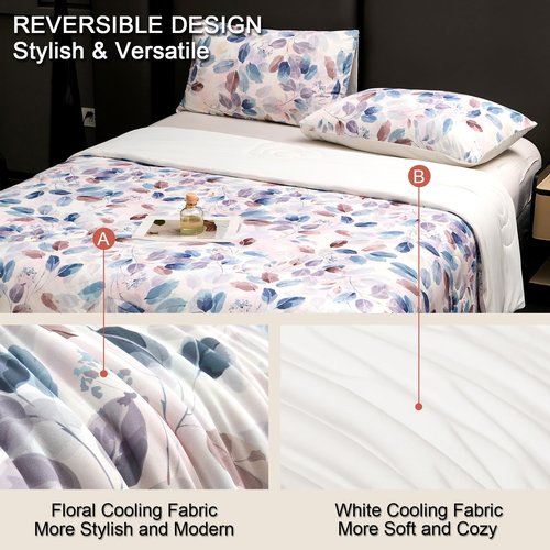 Cyusri Print Cooling Comforter Set 2Pcs Breathable Cool Twin Size Bedding Set with 1 Pillowcase Leaf Pattern Silky Cold Quilt, Blue 68"x90"