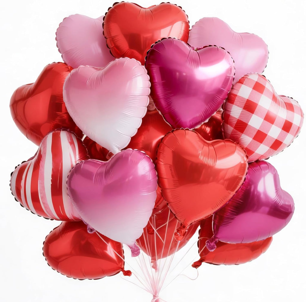 PartyWoo Valentine's Balloons - 15pcs 18-Inch Pink & Red Foil Heart Balloons for Romantic Celebrations