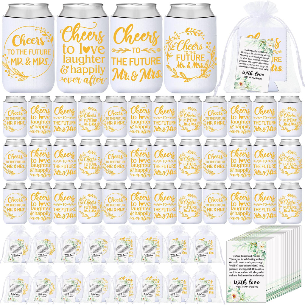 Chuangdi 50 Set Wedding Favors for Guests Bulk Engagement Party Favors Can Cooler Sleeves with Thank You Cards Organza Bags Happily Ever After Rehearsal Dinner Decorations for Wedding(Fresh Style)