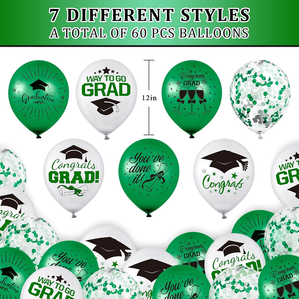 Whaline Graduation Party Balloon Set - 60 Pcs with 7 Designs, Green & White Confetti, Grad Cap Decor