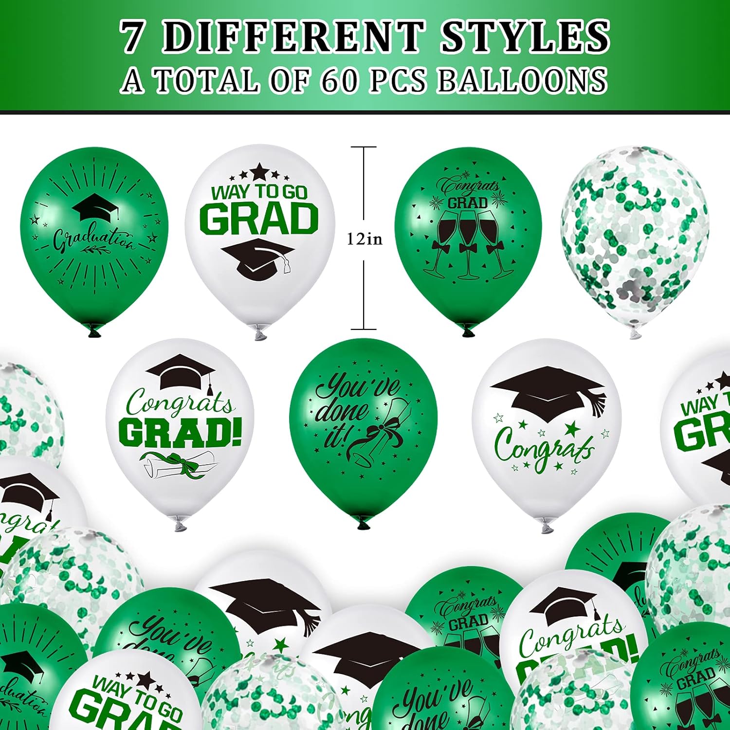 Whaline Graduation Party Balloon Set - 60 Pcs with 7 Designs, Green & White Confetti, Grad Cap Decor